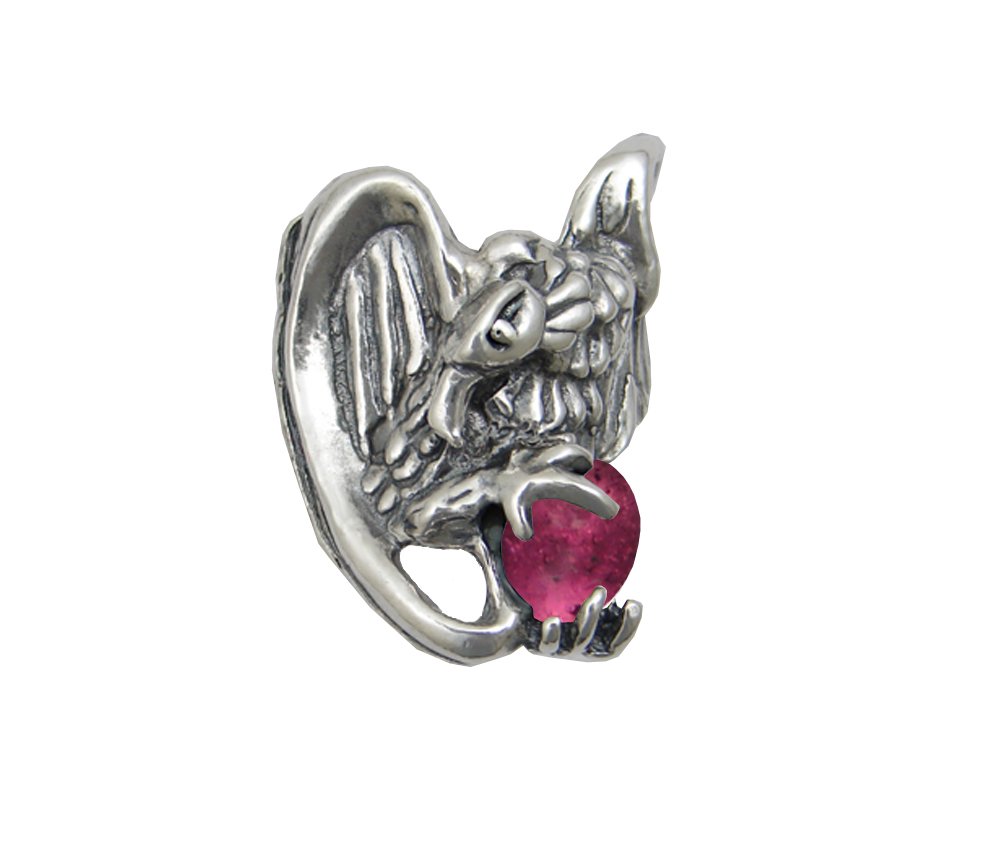 Sterling Silver Heavy Weight Vulture Ring With Pink Tourmaline Size 9